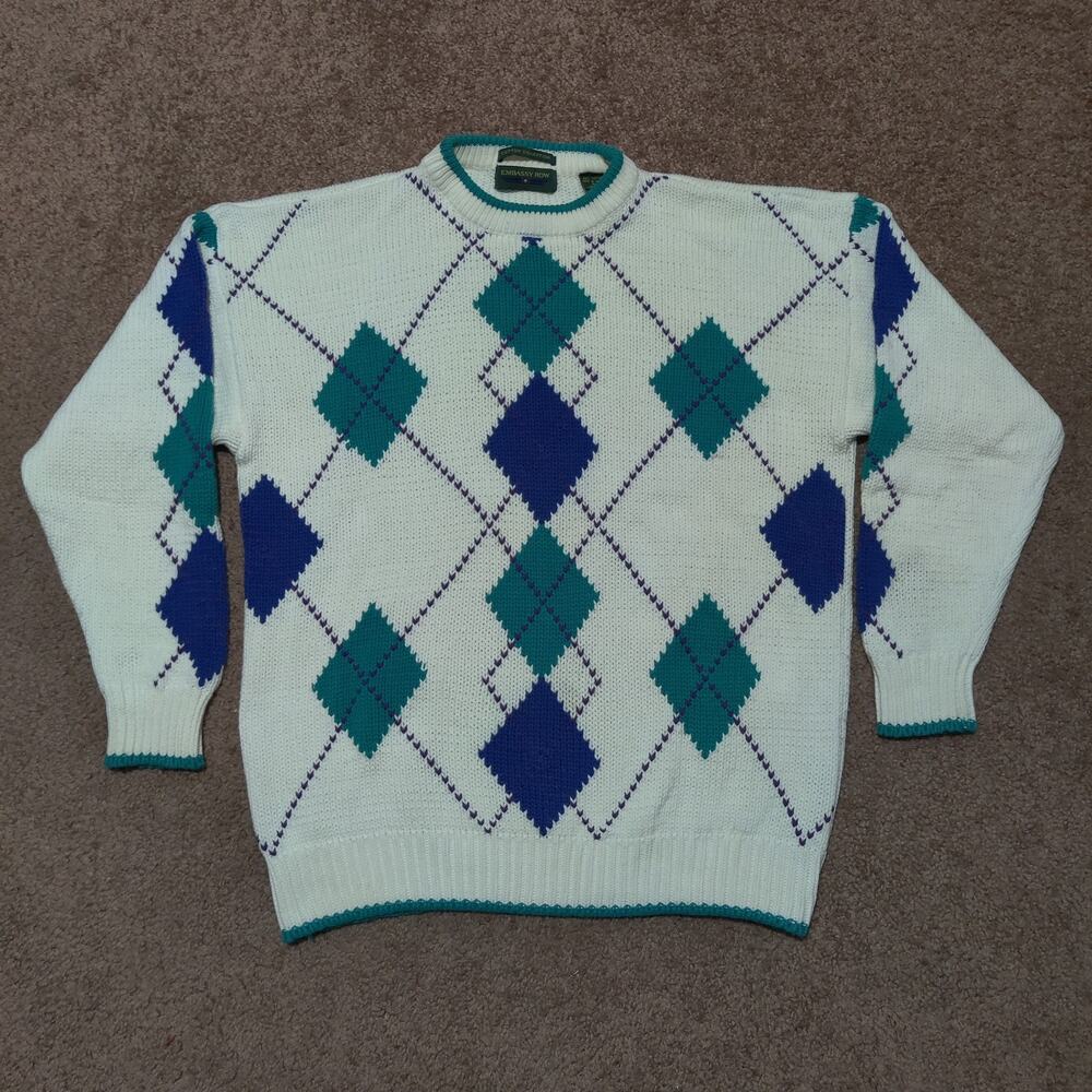 Vintage Embassy Row‎ Sweater Mens Large Argyle Cotton Retro Preppy Diamond White